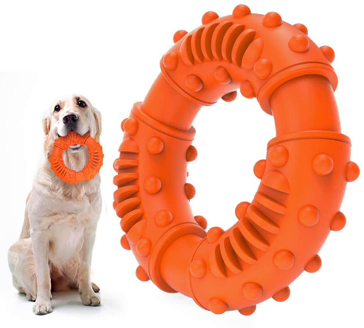 DELFINODog Chew Toy, Ultra Durable Toughest Natural RubberTexture Nub Dog Toys for All Aggressive Chewers Large Dogs Puppy Fun to Chew Dental Care Training Teething (Orange)