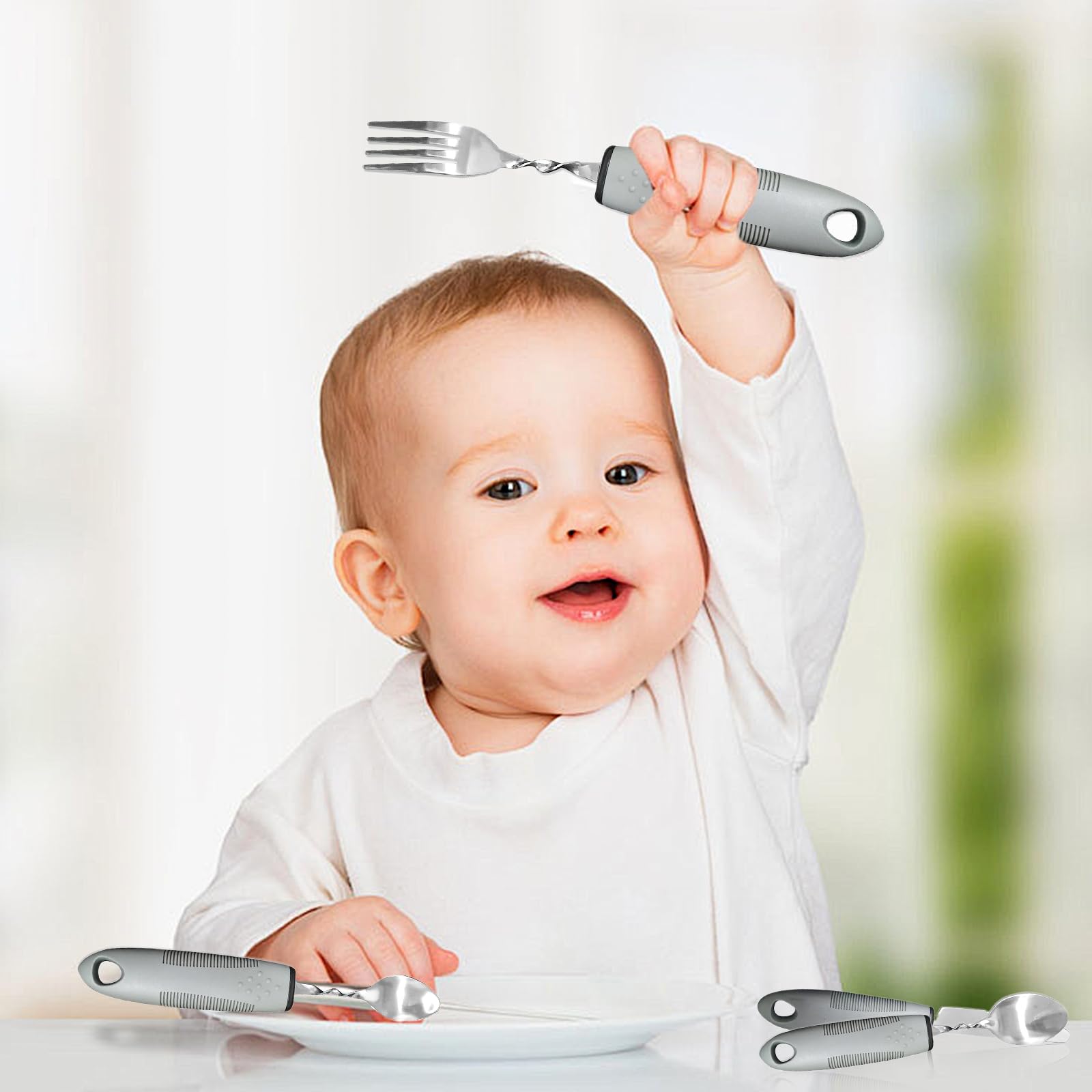 Gohytal 4-częściowy zestaw sztućców Easy Grip, adaptacyjne sztućce z grubym uchwytem, elastyczne sztućce do Parkinsona, elastyczne naczynia ze stali nierdzewnej z nożem, widelcem do zapalenia stawów,