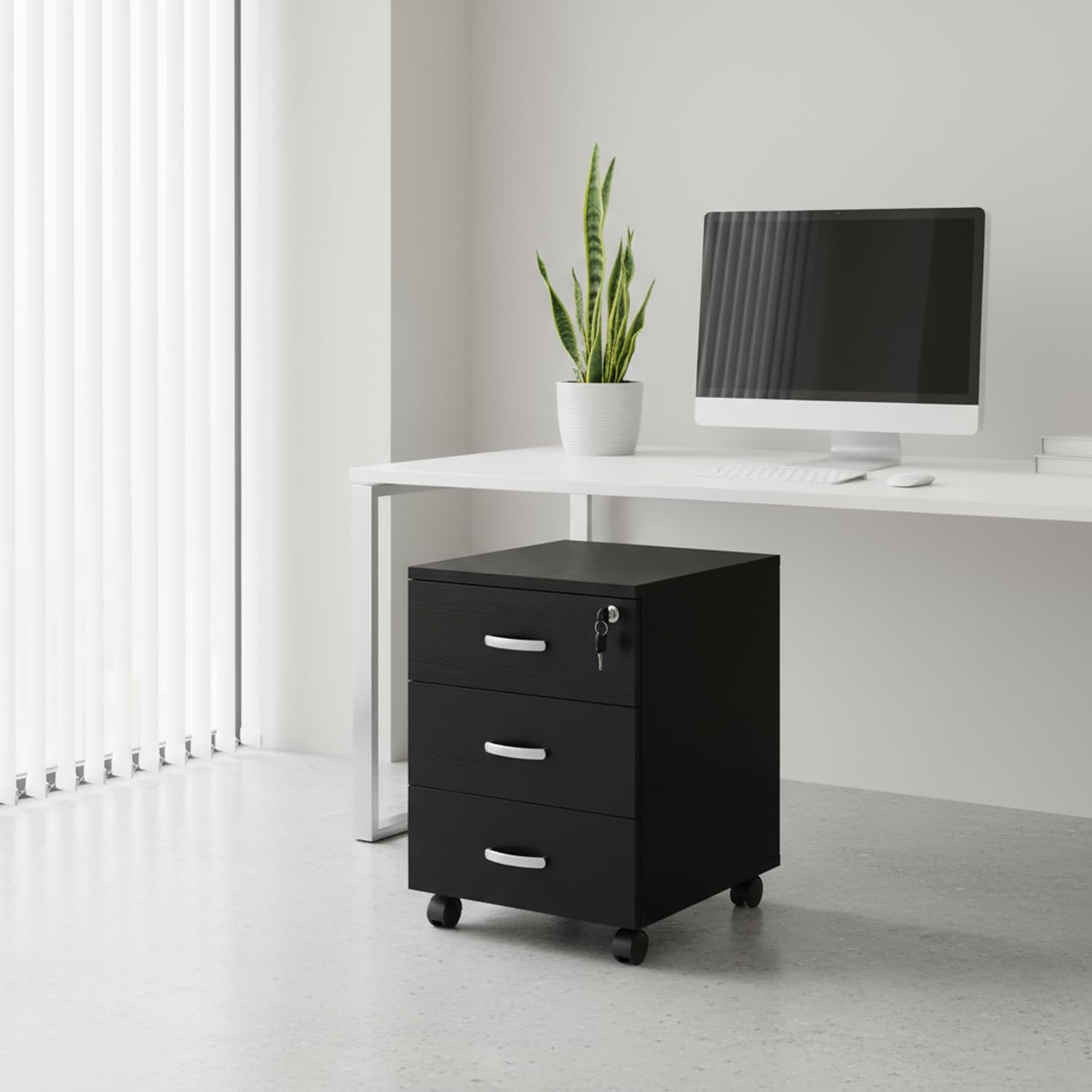 Marvin Cassettiera Ufficio In Legno Chiave Sicurezza Con Ruote Per Scrivania Tavolo 3 Cassetti Ripiani (Nero)