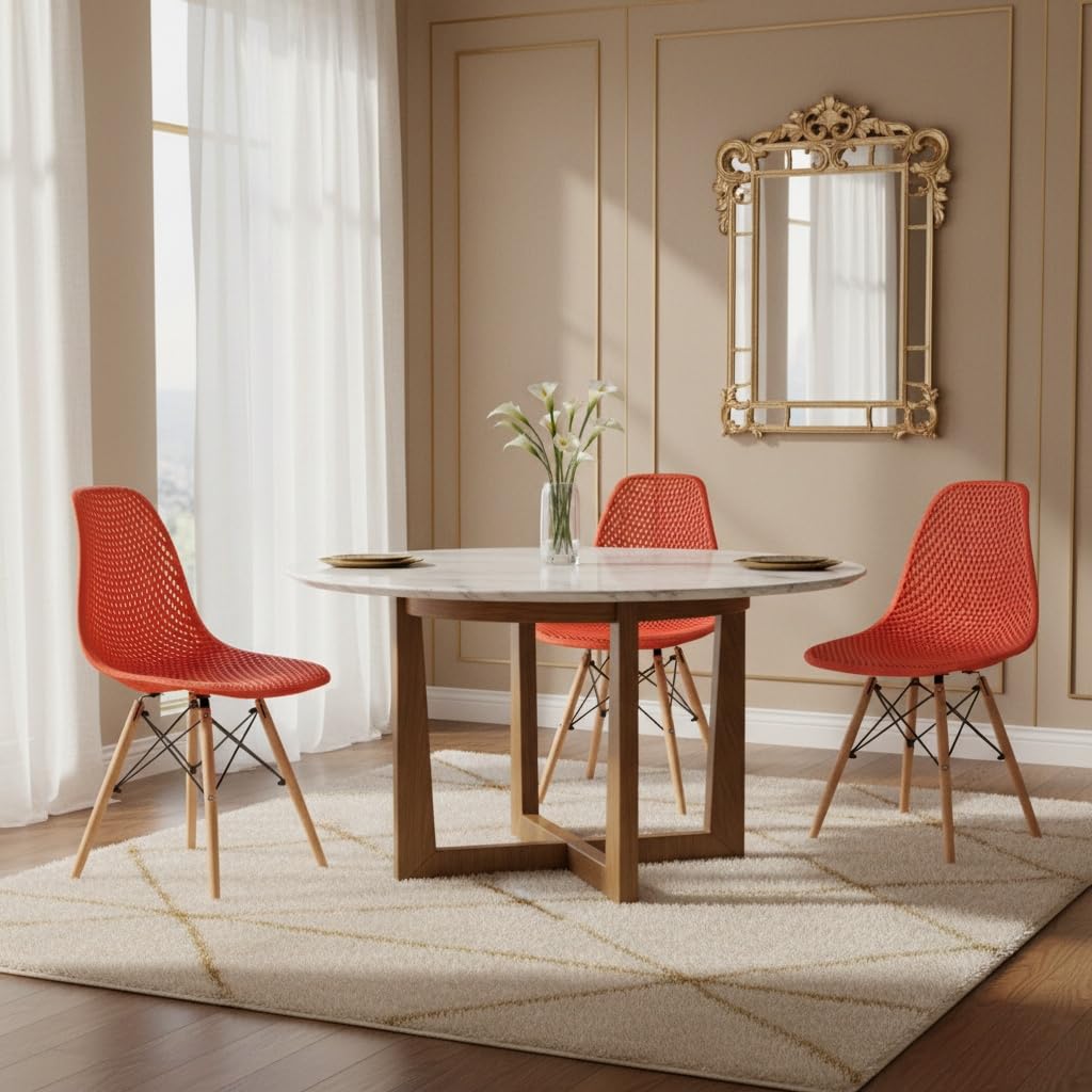 Sillas de Comedor Modernas Diseño Nórdico con Asiento de Polipropileno Ecológico y Patas de Haya Maciza con Refuerzo Metálico (4, Rojo, Pack de 4 sillas)