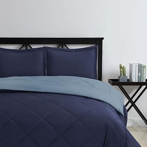 Cathay Home Juego de edredón reversible alternativo de plumón de ganso ultra afelpado, tamaño individual, azul marinoregata, juego de ropa de cama
