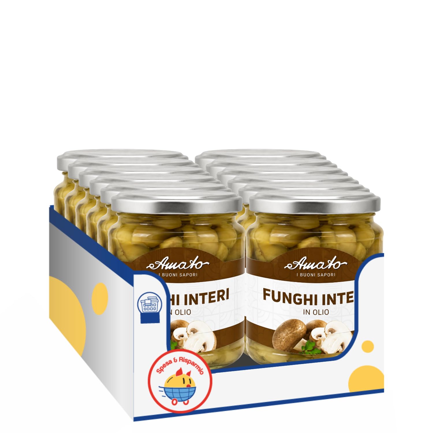 Amato Funghi Interi in Olio di Girasole 314 ml, Funghi Champignon Interi Conservati in Olio, Ideali per Pizza, Insalate, Antipasti, Contorni e Ricette, Confezione Multipla da 4/8/12 Pezzi (12 PEZZI)