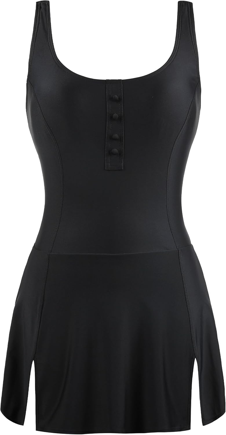 Hilor Women's Square Neck One Piece Swimdress Tummy Control Swimsuits with Skirt Side Slit Slimming Swim Dress - Image 8