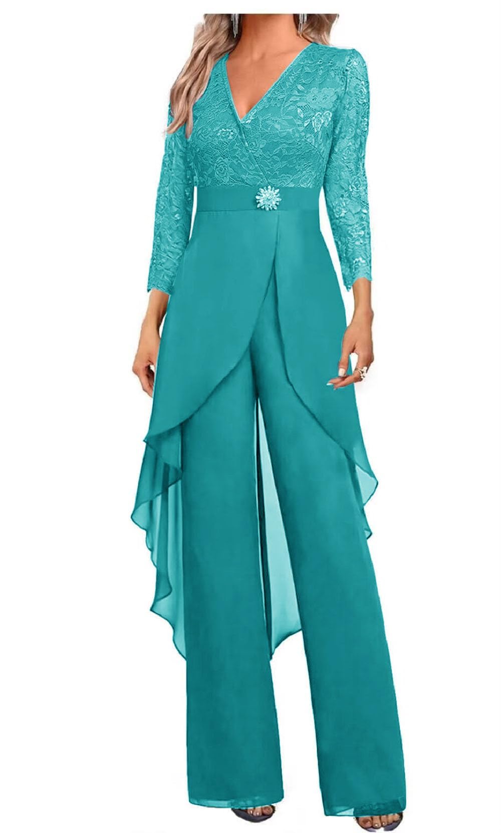 Madre della Sposa Pantaloni Suit Set 2 PC Chiffon & Pizzo Abito Ospite di Nozze ith Strass 3/4 Maniche
