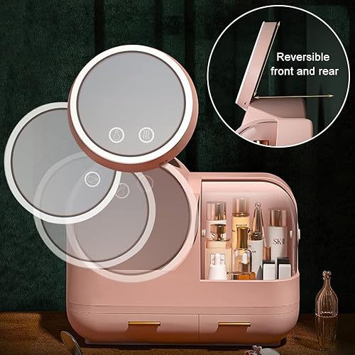 Miniatura 3 de osea Caja de almacenamiento de cosméticos, organizador de maquillaje portátil con espejo y ventilador de luz LED, cajón de joyas recargable