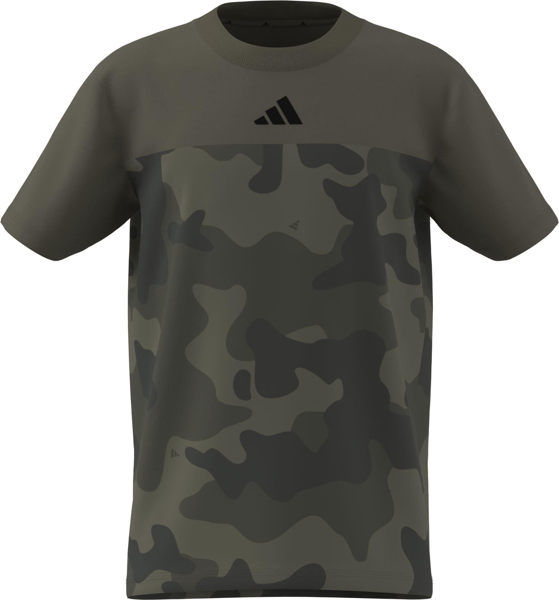 adidas Unisex Kids Seasonal Essentials Camo Cotton T-Shirt Juniors, Olive strata/Black, 13-14 Years