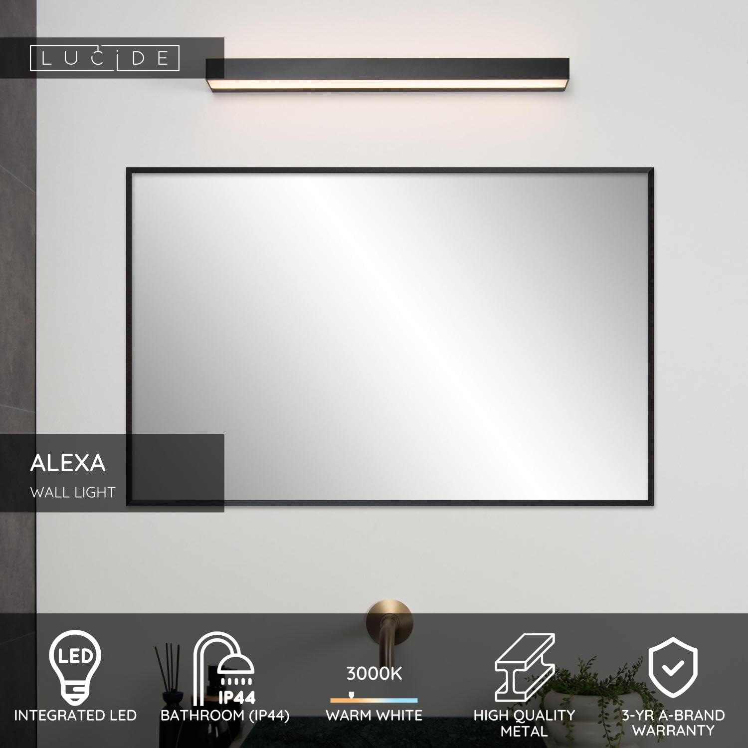 LUCIDE ALEXA Applique murale LED Salle de bains 1x8W 2700K IP44 Noir