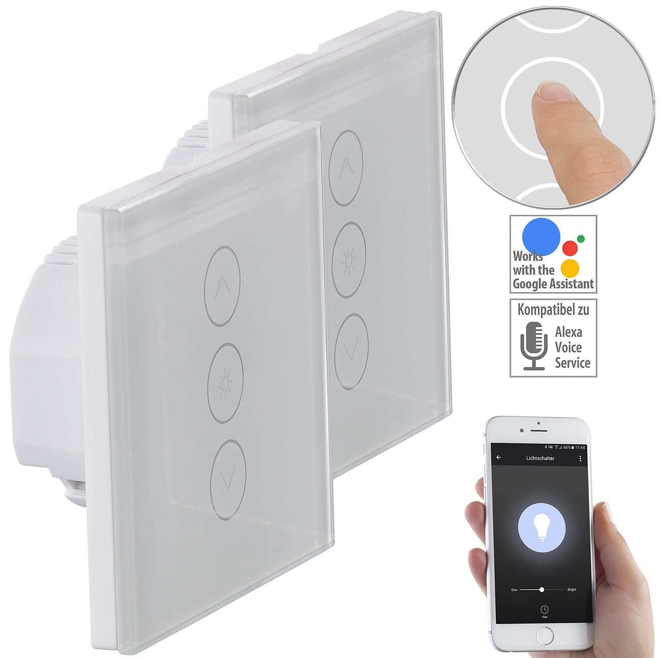 Luminea Home Control Lichtschalter dimmbar: 2er-Set Touch-Lichtschalter & Dimmer, für Alexa & Google Assistant (Schalter WLAN, Smart Dimmer, iPad)