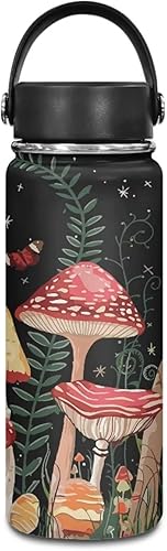 Botella de agua de entrenamiento de hongos para mujeres y hombres, aislada, botella de agua de acero inoxidable de 18 onzas con asa, taza de viaje,