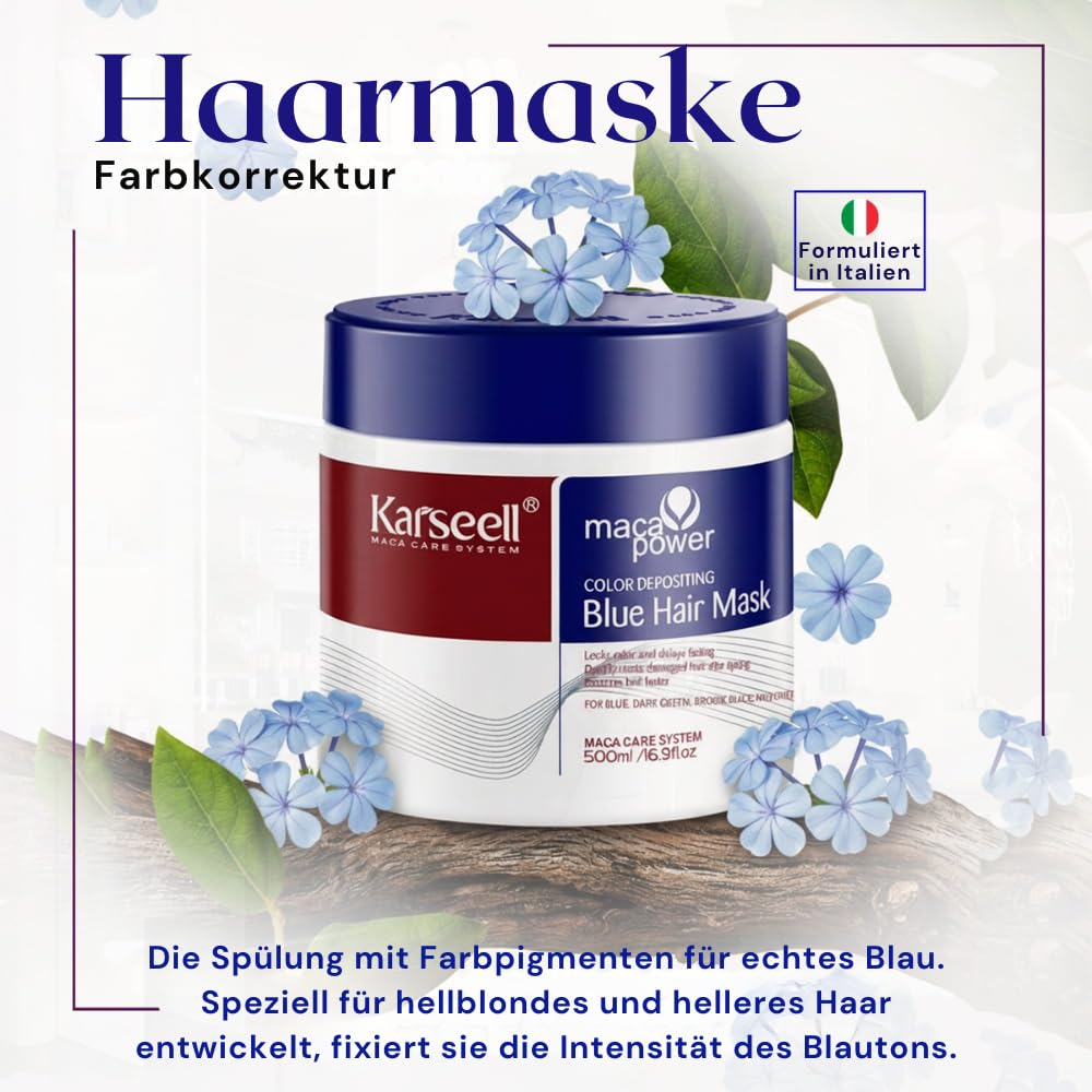 Karseell MACA CARE SYSTEM Blaue Pigment Haarmaske Tönung Farbauffrischung Verstärkt Kühle Blautöne Hydratisiert Repariert Anti-Frizz Für Trockenes Beschädigtes Coloriertes Haar 500ml