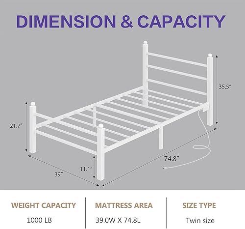 Miniatura 41 de Base de cama de tamaño individual con estación de carga y luces LED, marco de cama de metal con cabecero, cabecera tapizada negra con estantes de