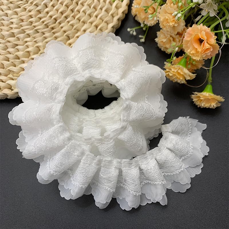 Amazleer White Chiffon Ruffle Lace Trim, 5 Yards 3 Layer Ruffle Lace Pleated Trim, Pleated Ribbon for Sewing, Crafts and Wedding Decor, 6.5 cm Wide (White Without Hole, 5 Yards)