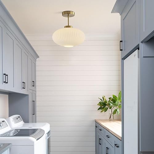 Miniatura 7 de KCO Lámpara de techo semiempotrada de vidrio acanalado blanco con luces de techo grandes de vidrio de leche, lámpara de baño de montaje empotrado