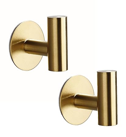 Adhesive Towel Hooks 2 Pack Gold Heavy Duty Stainless Steel Wall Mounted Coat Hook for Towels, Robe, Hat, Sponges, Keys - Kitchen Bedroom Bathroom Door (Gold)