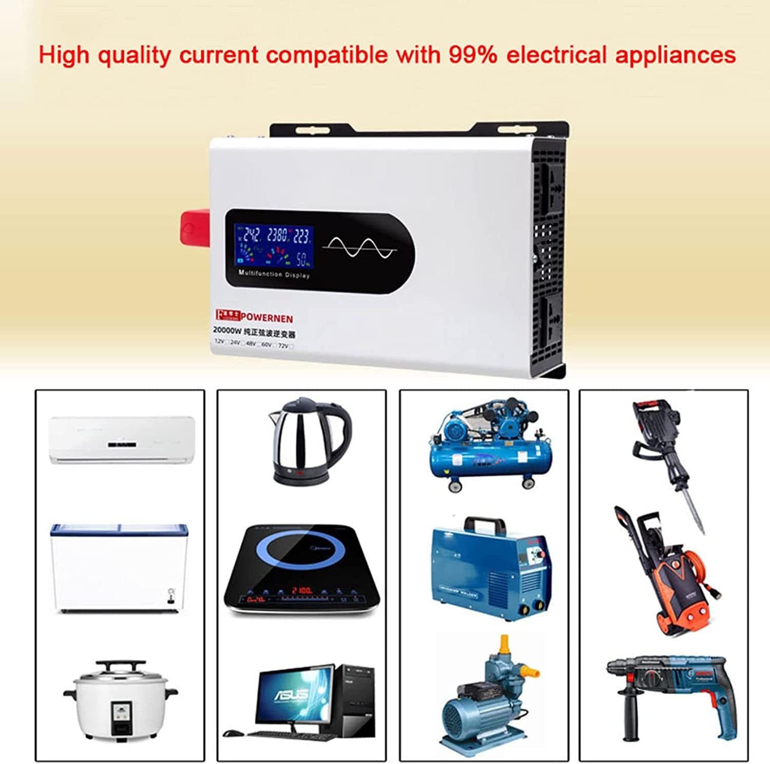 Inversor de Onda senoidal Pura Pico 7000W 8000W 9000W 10000W 12000W 15000W 20000W convertidor de tensión DC 48V/60V/72V a 220V/230V Transformador para Camping,Viajes,Coche (48Vto220V,15000W)
