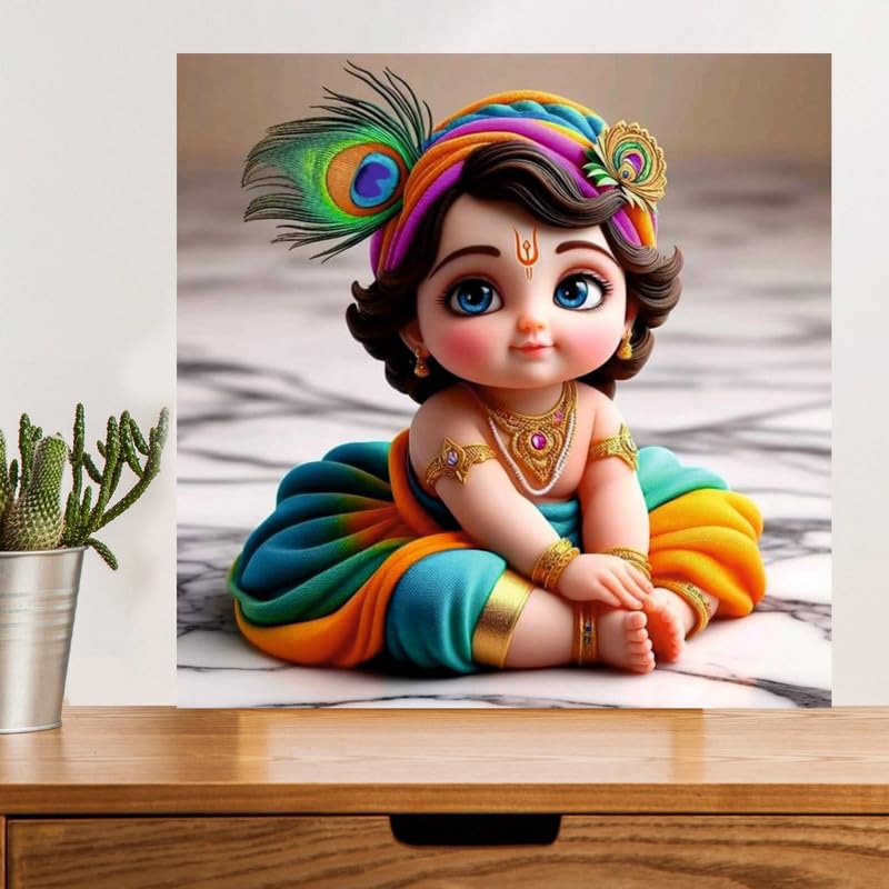 Image of British Terminal Cute little Bal Gopal Baby God Krishna| Kanha Ji | Laddu Lord Makhan Chor Painting Religious Poster for Pregnant Women for wall (matt thin vinyl,sticker,multicolor,unframed)| bj401
