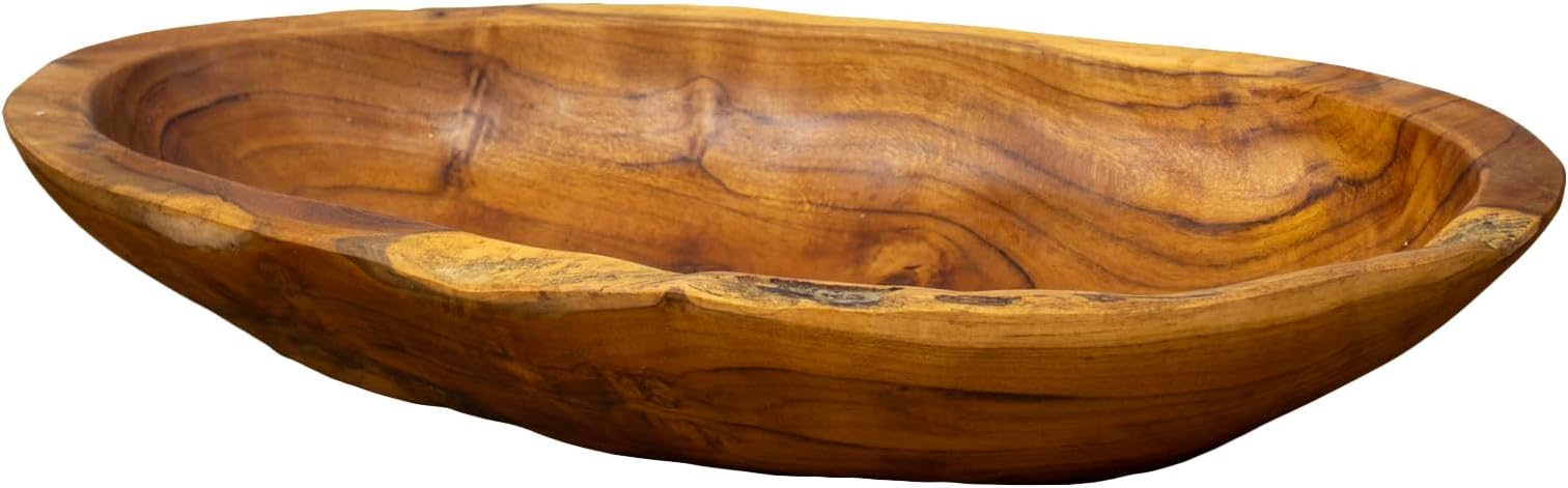 Darthome Teak Root Long Bowl 35cm Antique Rustic Kitchen Hand Carved Wood Fruit Snacks Food