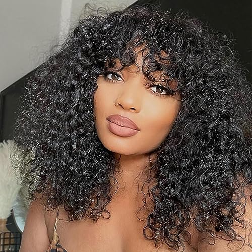 CLASSINE Short Kinky Curly Human Hair Wig with Bangs 150% Density Virgin Human Hair Wig for Black Women Short Bob Wig Human Hair Glueless None Lace Front Wig Human Hair Natural Black Color(10 Inch)
