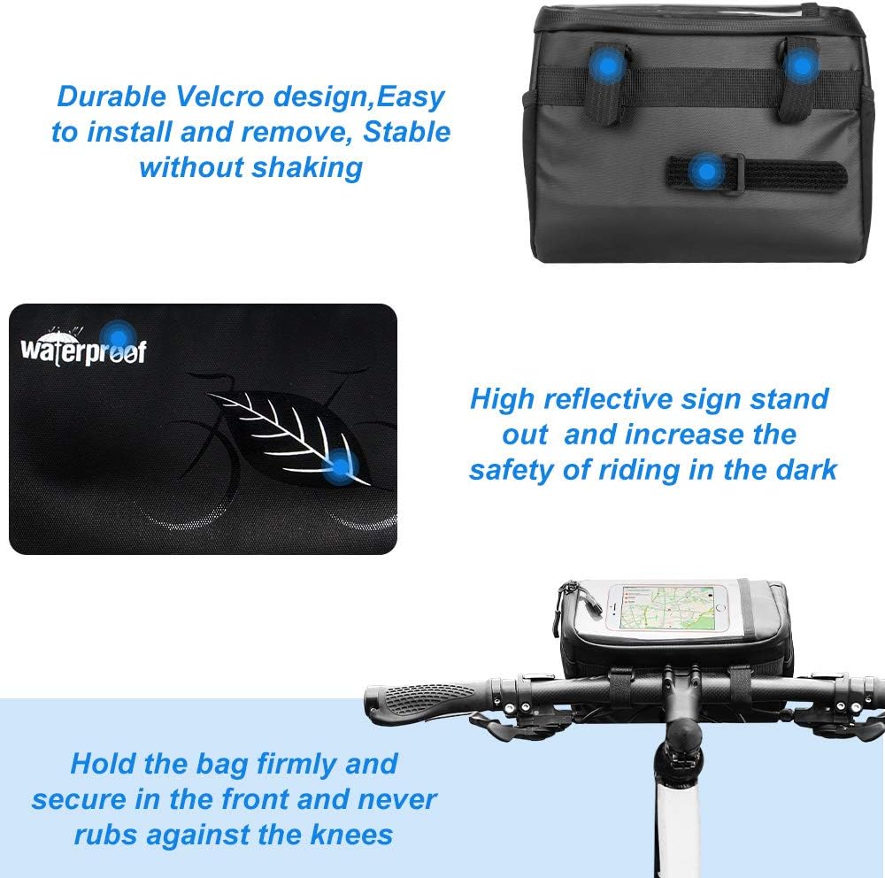 WOTOW Bike Handlebar Bag, Waterproof Bicycle Handlebar Front Frame Storage Basket with Reflective Patterns and Transparent Water Resistant Touch Screen Phone Holder for Road MTB Cycling Outdoor, 3L : Sports & Outdoors