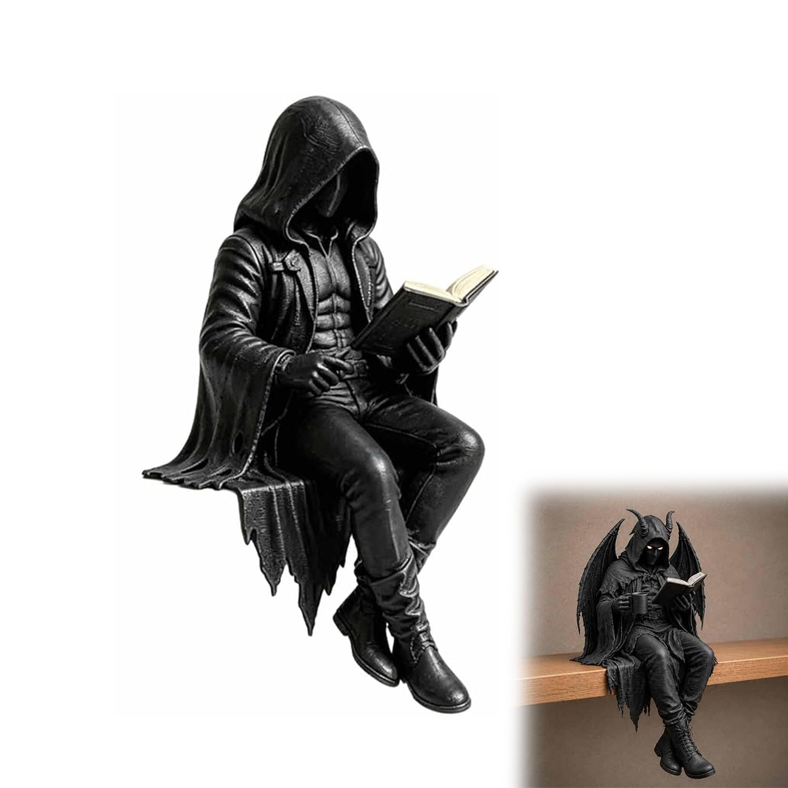 Weiwogu #A Gothic Dark Fantasy Figure, Resin Mystery Reader Statue, Black Hooded Skeleton & Demon Sculpture For Bookshelves, Desks, Mantels, Decor Gift For Readers & Collectors (#A)