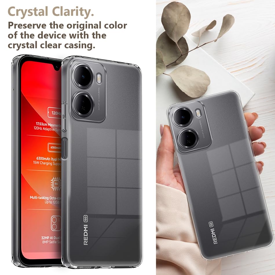 Image of Fashionury Crystal Clear Case for Redmi 15A 5G | Yellowing Resistance | Transparent TPU Silicone | Raised Camera Lips | Slim Transparent Cover