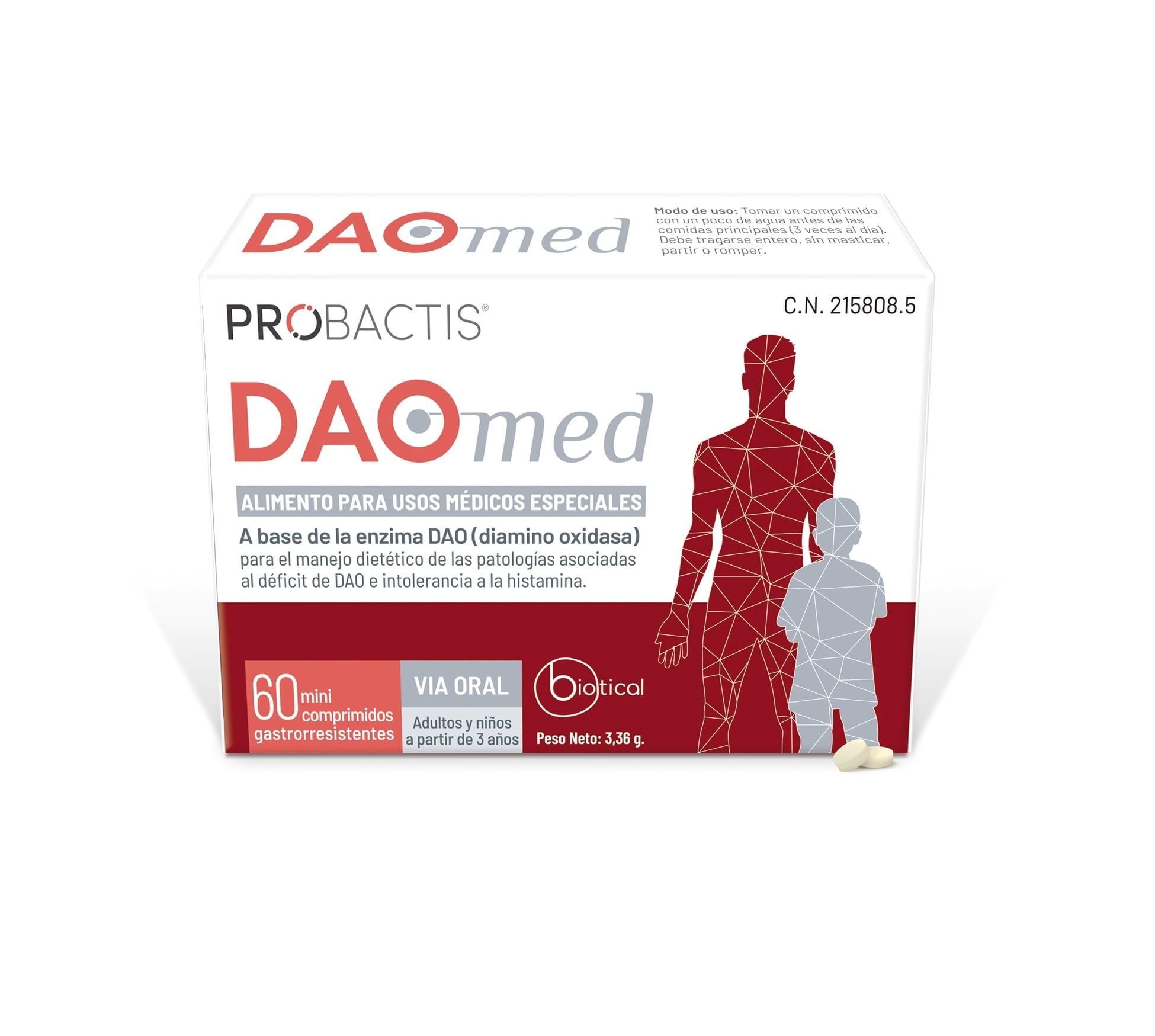 Probactis DAOmed - 60 Mini-​Comprimidos Gastrorresistentes con Enzima DAO - Ayuda al Manejo del Déficit de DAO e Intolerancia a la Histamina - Complemento para adultos y Niños Mayores de 3 años