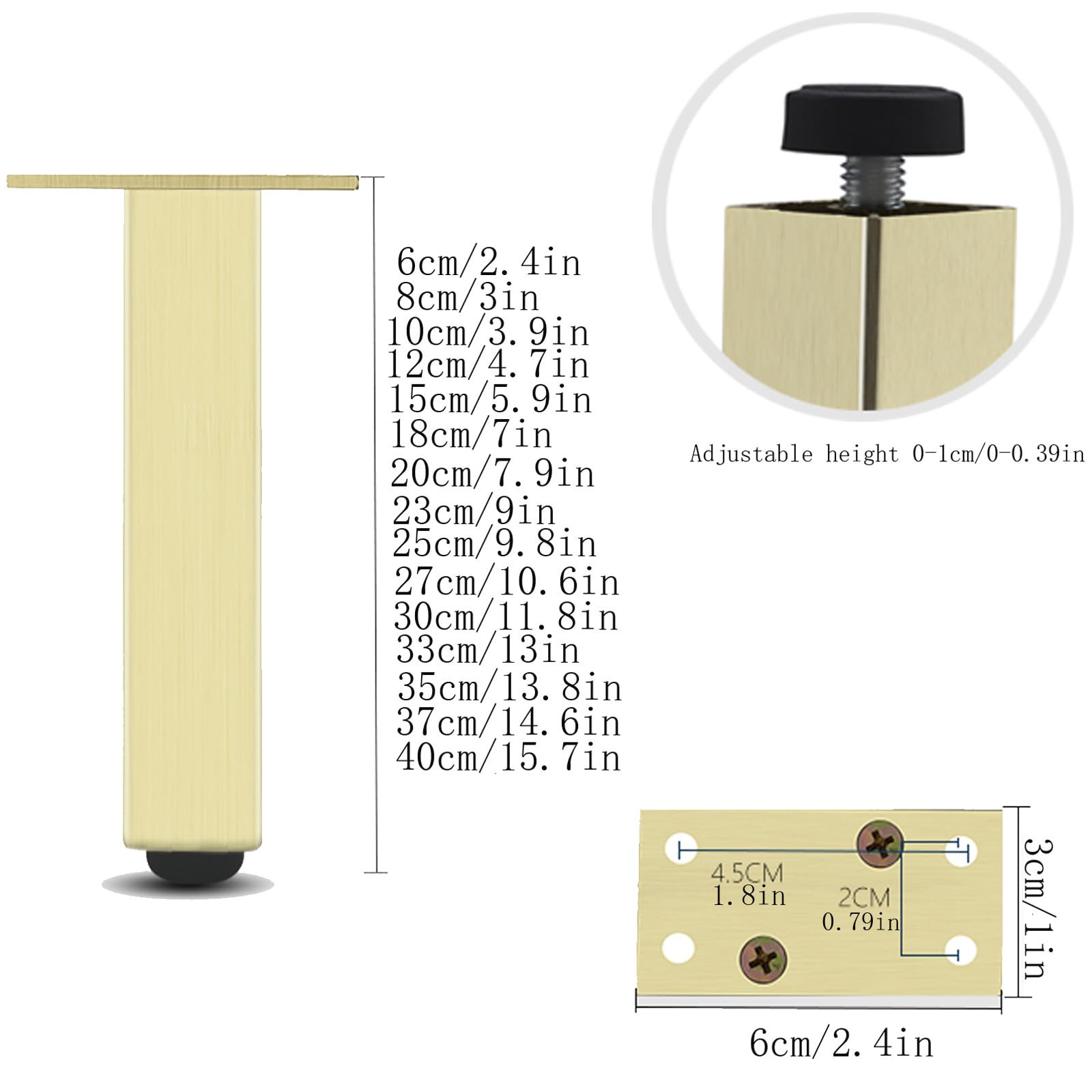 4 patas de metal ajustables de 7.9 pulgadas para muebles, de aleación de aluminio dorado cepillado, patas de soporte para armarios de bricolaje, soportes de TV, muebles de baño y elegantes patas de