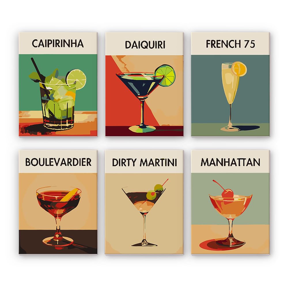 Summer Drinks - Kit multiplo con numeri, pronto da dipingere, per adulti, facile da livellare, design retrò moderno, cocktail colorati, 6 tele di lino, 36 colori