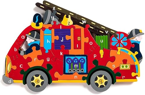 Learn from Puzzles - Rompecabezas de madera hecho a mano con motor de bomberos A-Z para edades de 3 años + juguetes de aprendizaje temprano para