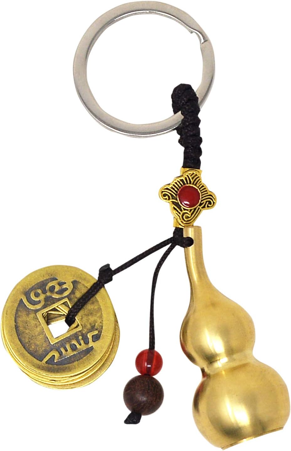 Feng Shui Five Emperors Money Copper Gourd Key Chain pendant with Brass Coins and Wu Lou Gourd Calabash with Blessing Paper W4349