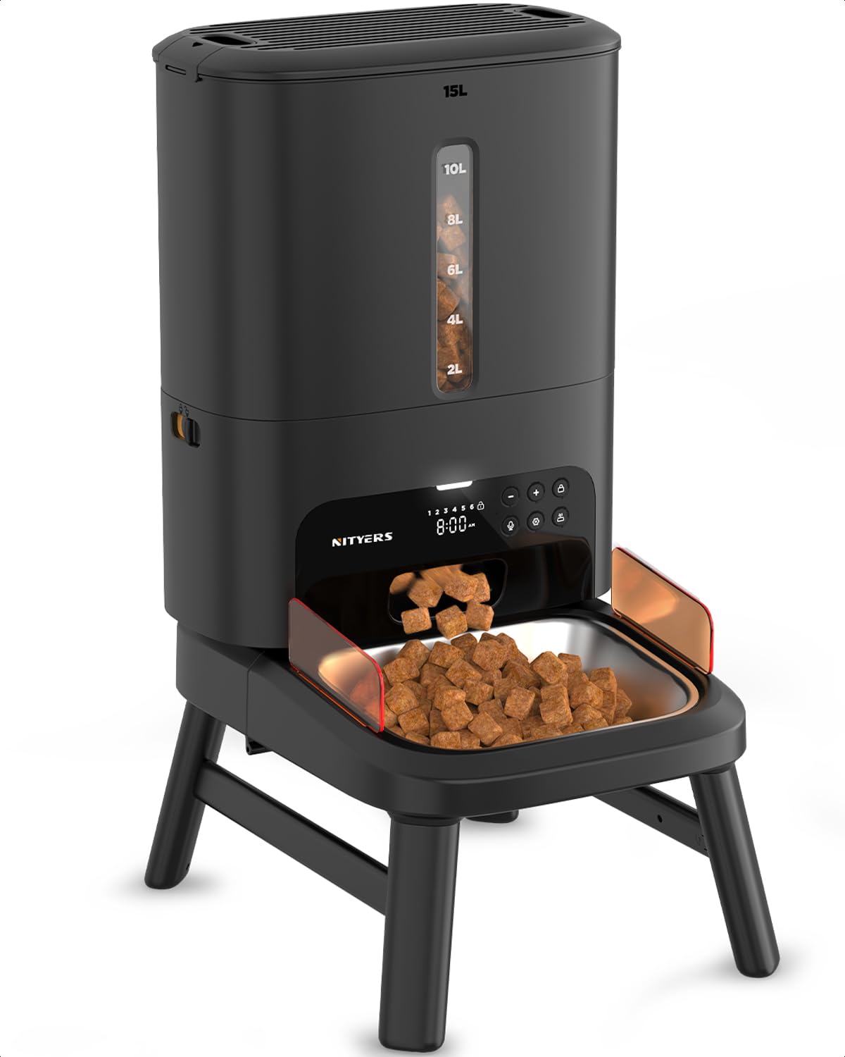 Distributore automatico cibo cani, capacità 15L, croccantini fino a 23mm | senza blocchi, supporto regolabile a 2 altezze, allarme livello cibo basso, per cani di grossa taglia e più gatti