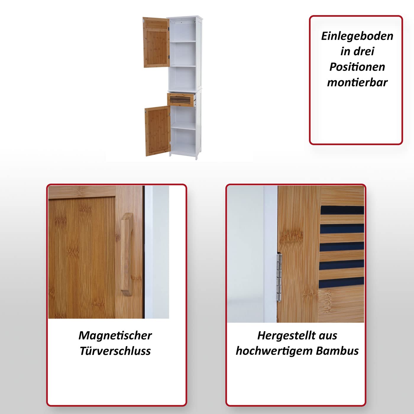 Mendler Hochschrank HWC-A85, Badschrank Badregal Bambus, MVG-Zertifiziert 180x40x31cm weiß