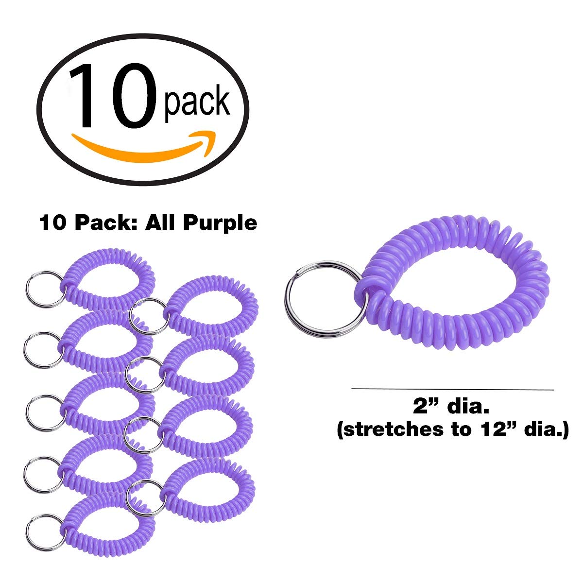 ucky Line 2” Spiral Wrist Coil with Steel Key Ring, Flexible Wrist Band Key Chain Bracelet, Stretches to 12”, Purple, 10 Pack (41065)