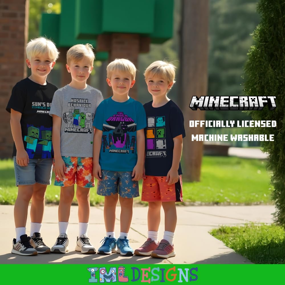 Minecraft Maglietta a maniche corte da ragazzo, confezione da 4 - Creeper, Ender Dragon, Skeleton, Zombie Graphic Set per bambini