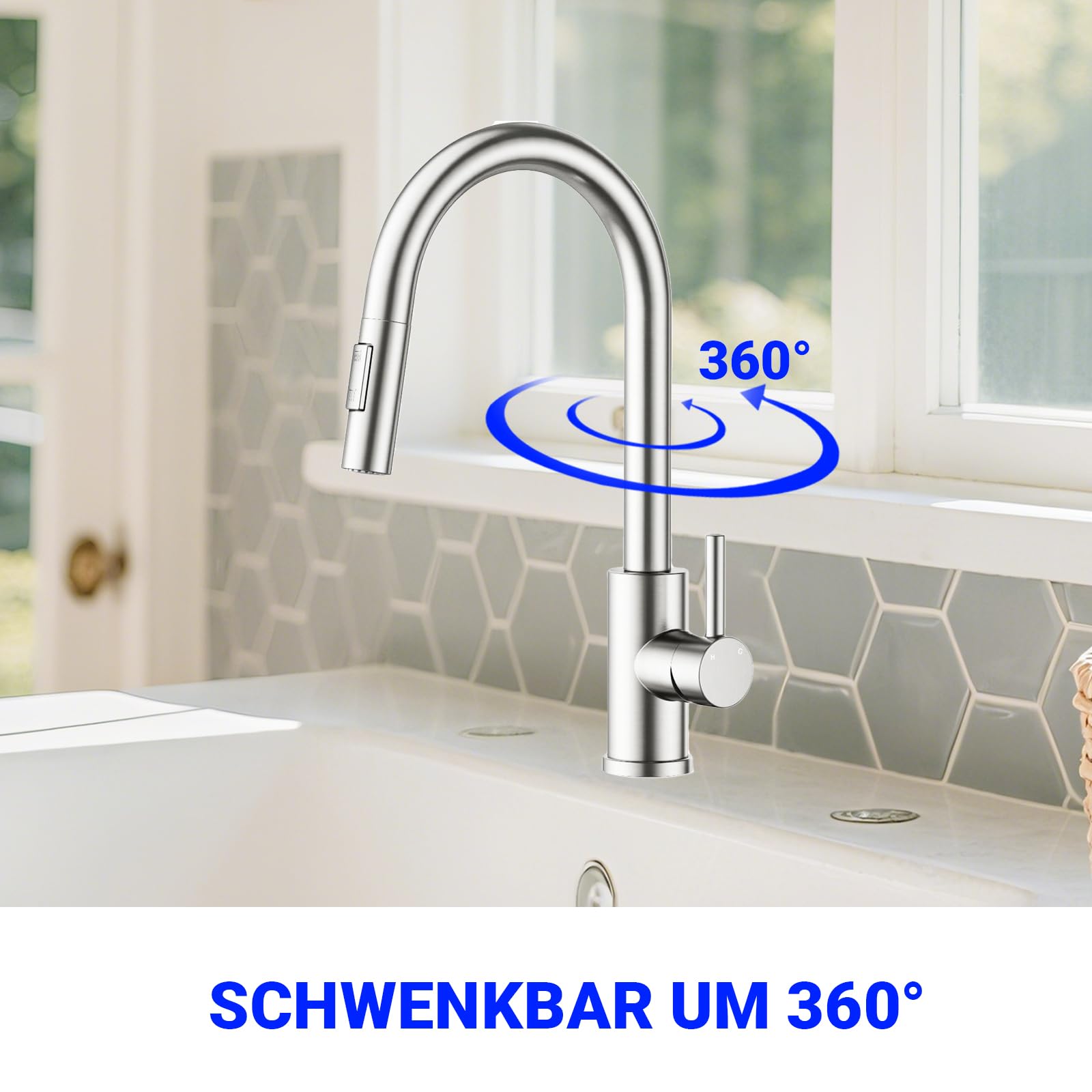 AICA Spülarmaturen Küche, Küchenarmatur Gebürstet, Ausziehbar 360° Drehbar, Hochdruck Mischbatterie mit 27 Zoll Flexschlauch, Einhand-Spültischarmatur für Küche