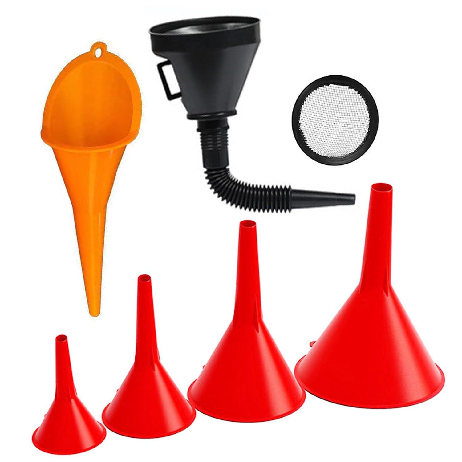 6 Pcs Automotive Funnel Set - Plastic Long Neck, Wide Mouth, Flexible Right Angle Funnels with Detachable Spout and Filter for Water/Gasoline/Coolant/Engine Oil