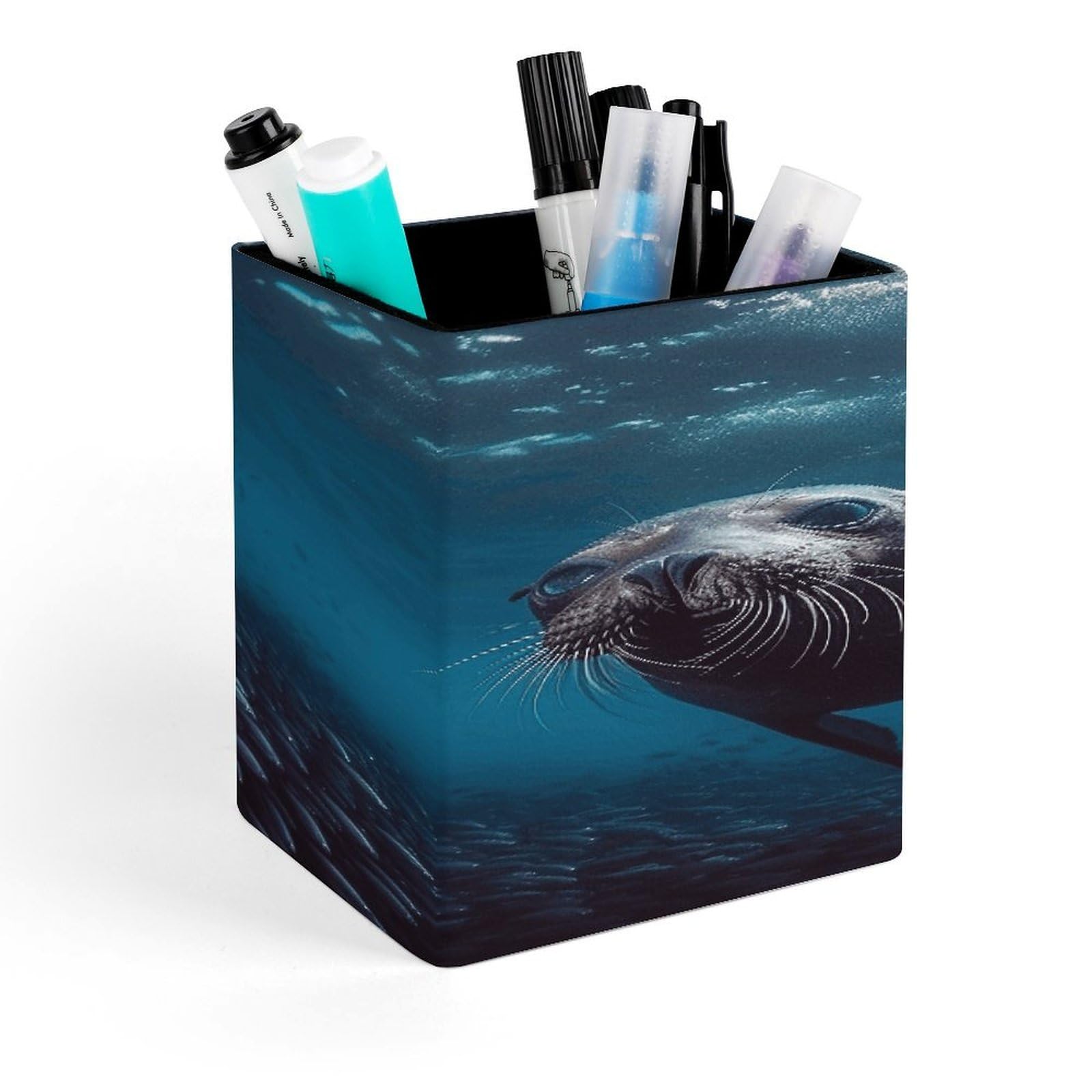 FekiLoot Underwater Sea Lion Pen Holder for Desk Minimalist Leather Pencil Holder Fashion Modern Pencil Cup Decorative Square Pen Cup Locker Organizer for Office Work Locker Accessories
