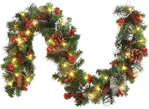 Guirnalda de Navidad con 50 luces LED, guirnalda de abeto de Navidad artificial de invierno, guirnalda de pino artificial preiluminada con bayas