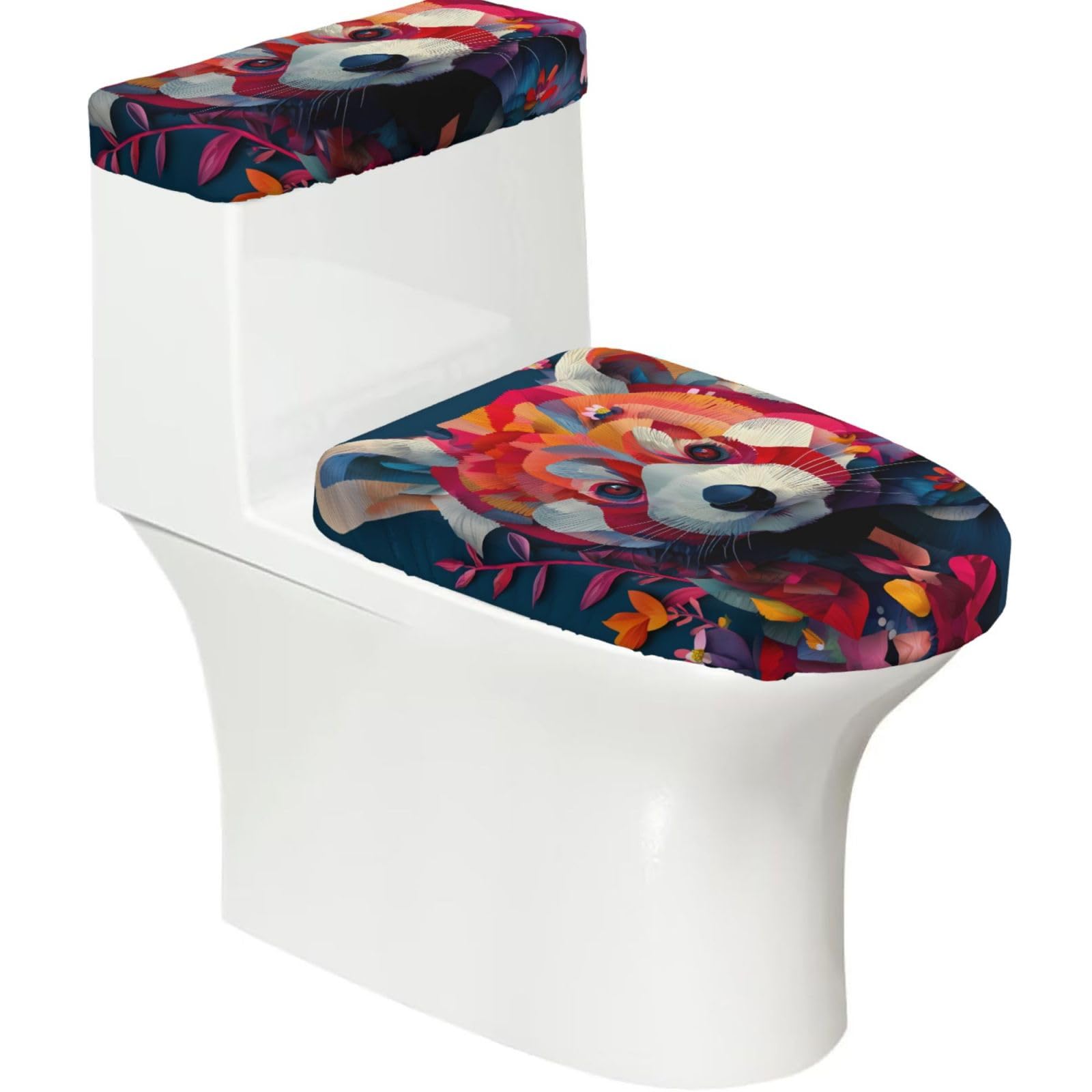 Colorful Leaf Raccoon 2-Piece Toilet Seat Cover Set with Tank Lid - Elastic for U-Shape & Elongated - Bathroom Decor