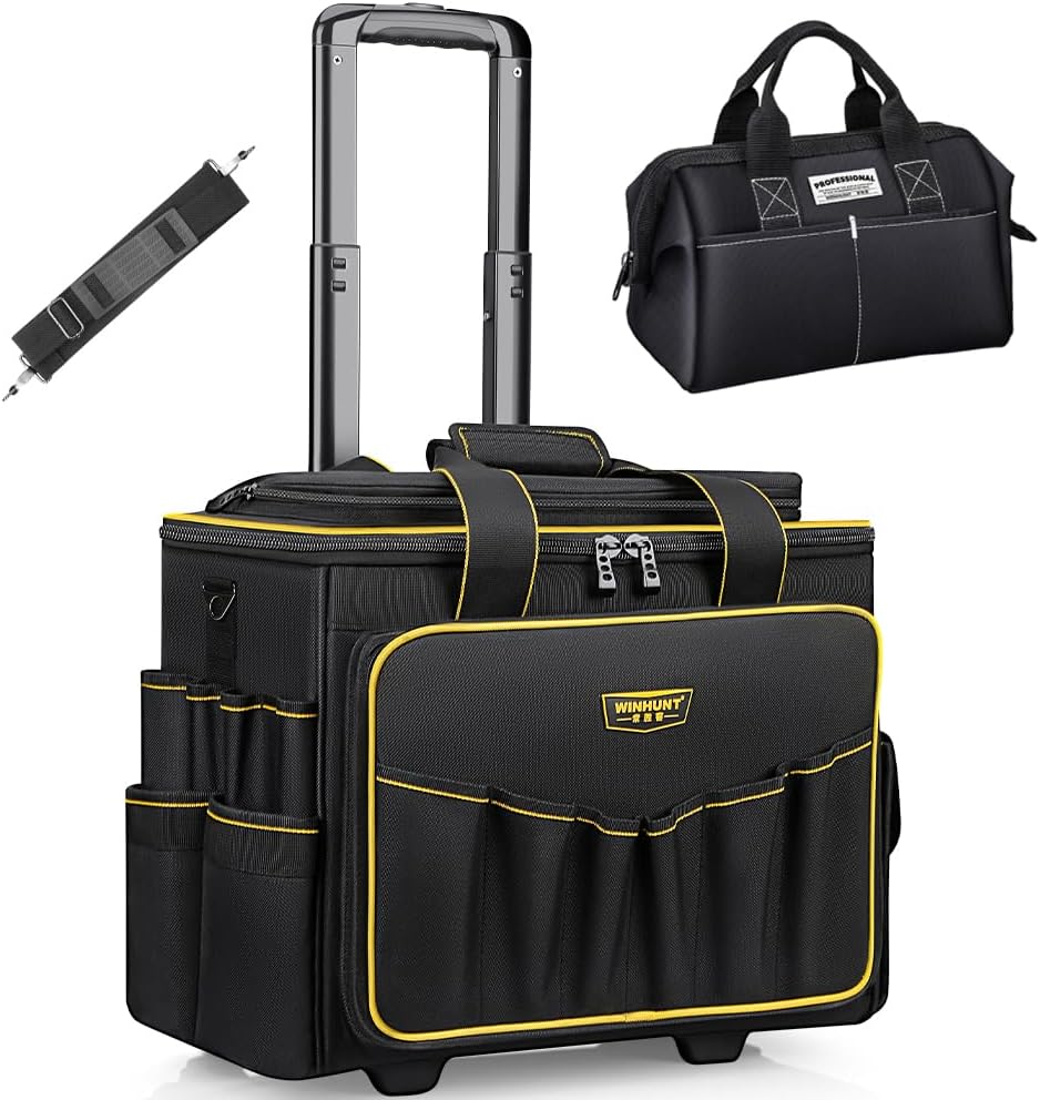 WINHUNT 18inch Wide Mouth Rolling Tool Bag, 32 Pocket Tool Trolley Bag with Telescopic Handle and 2 Wheels, Black