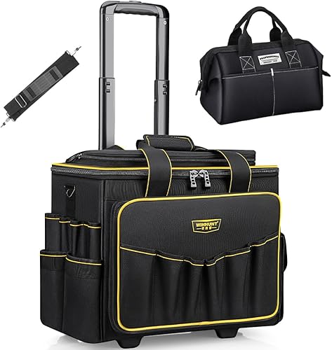 Bolsa de herramientas con ruedas de boca ancha de 18 pulgadas, 32 bolsillos con mango telescópico y 2 ruedas, color negro