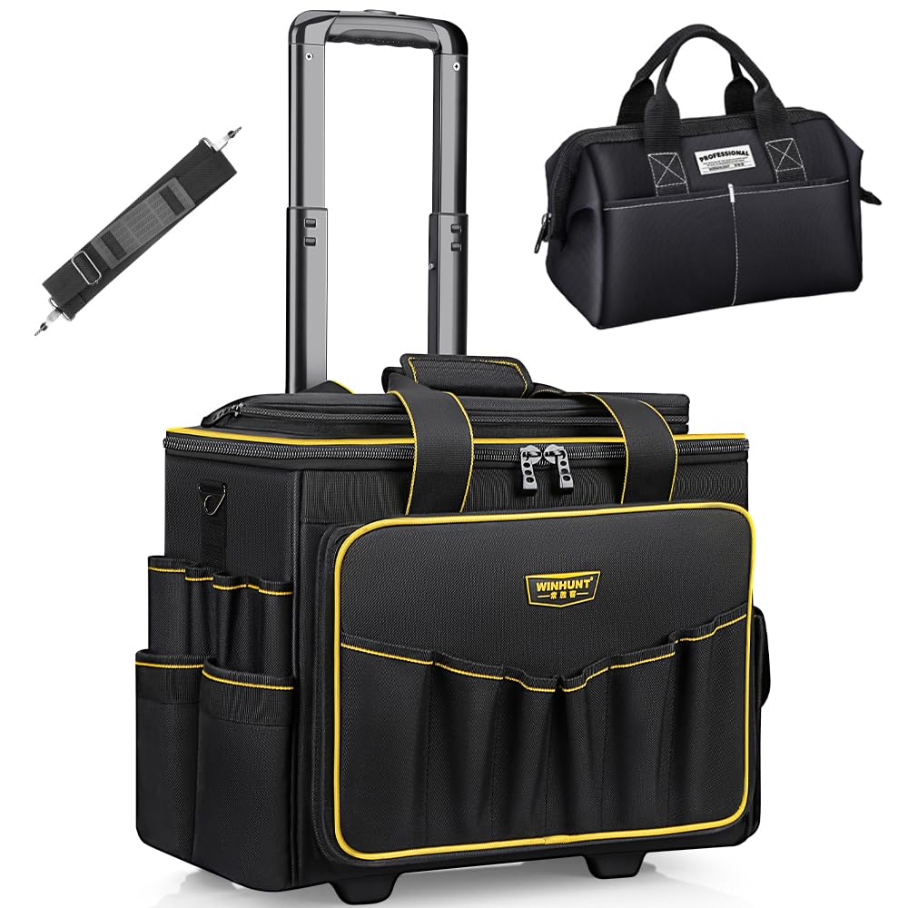 WINHUNT 18inch Wide Mouth Rolling Tool Bag, 32 Pocket Tool Trolley Bag with Telescopic Handle and 2 Wheels, Black