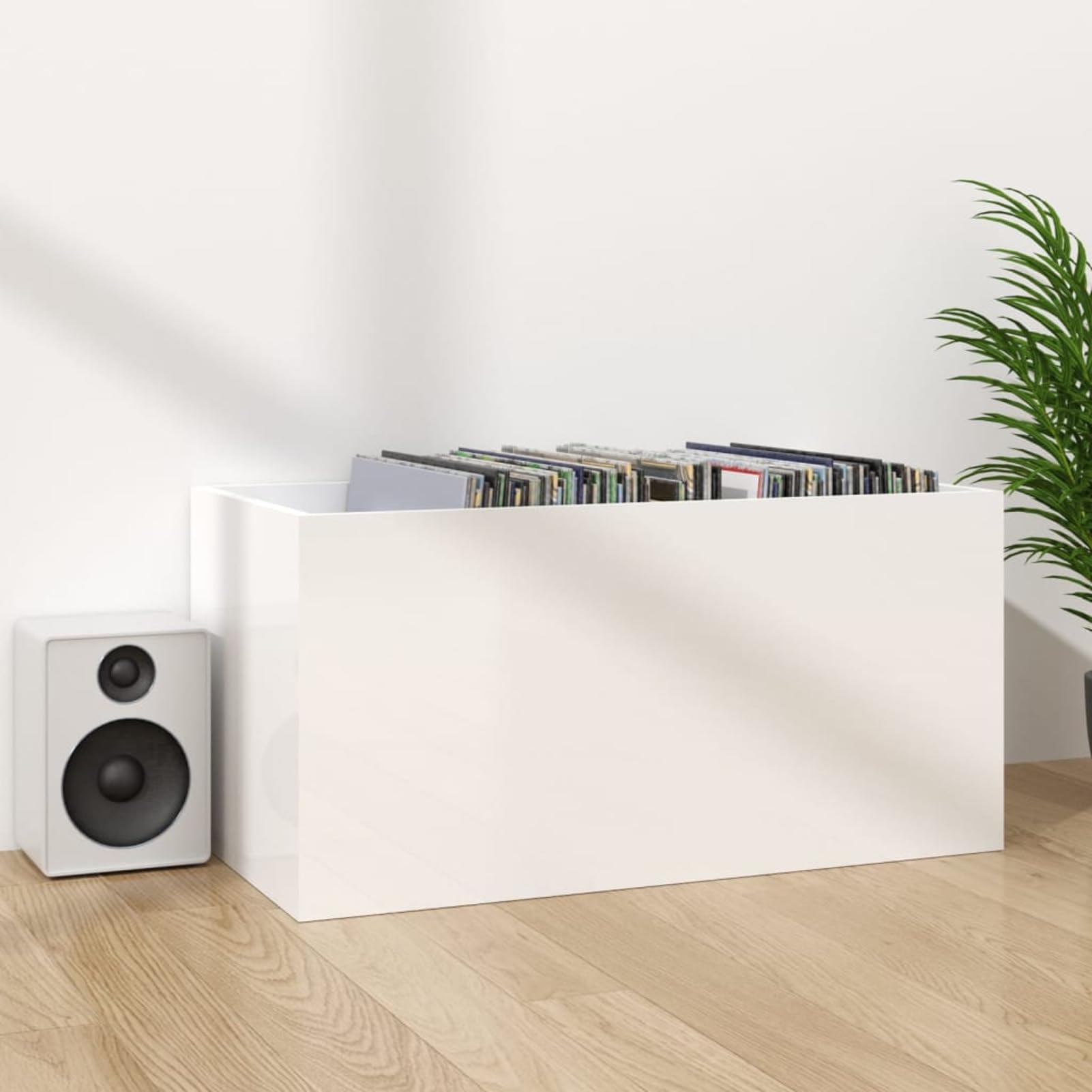 Caja de Almacenamiento para Discos de Vinilo - 2 Compartimentos, Blanco Brillante, 71 x 34 x 36 cm, Madera Contrachapada
