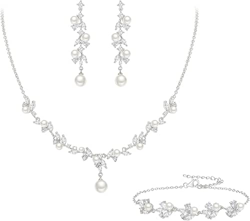 EleQueen Women's Simulated Pearl Wedding Jewelry Set, Cubic Zirconia Marquise