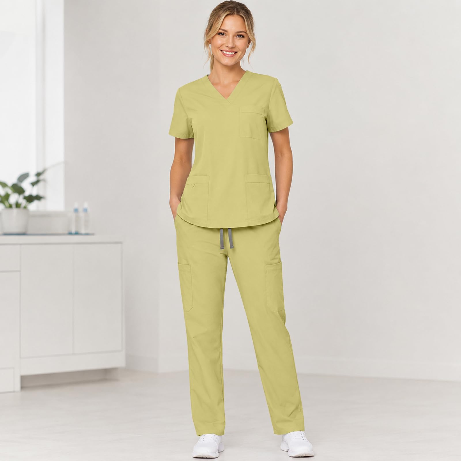 Damen Kasack Und Hose Set Pflegeuniform Mit V Ausschnitt Kurzarm Oberteil