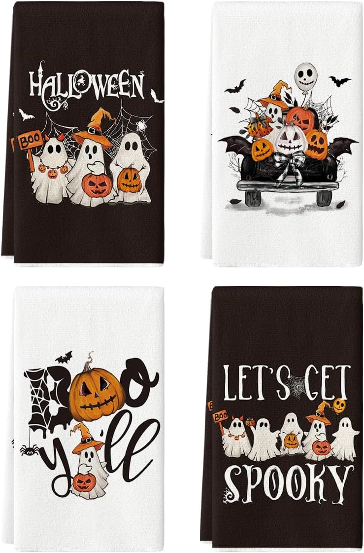 Artoid Mode Ghost Pumpkins Bats Boo Truck Spooky Halloween Kitchen Towels Dish Towels, 18x26 Inch Jack-O'-Lantern Decoration Hand Towels Set of 4 Black