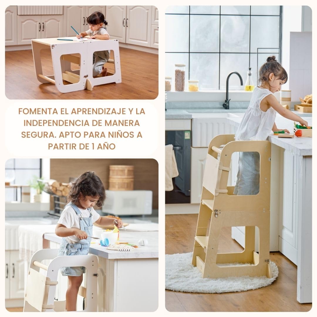 Torre de Aprendizaje Montessori para Niños Convertible en Escritorio – Torre de Observación de Madera para Niños de 12 Meses a 6 Años (Madera Natural)