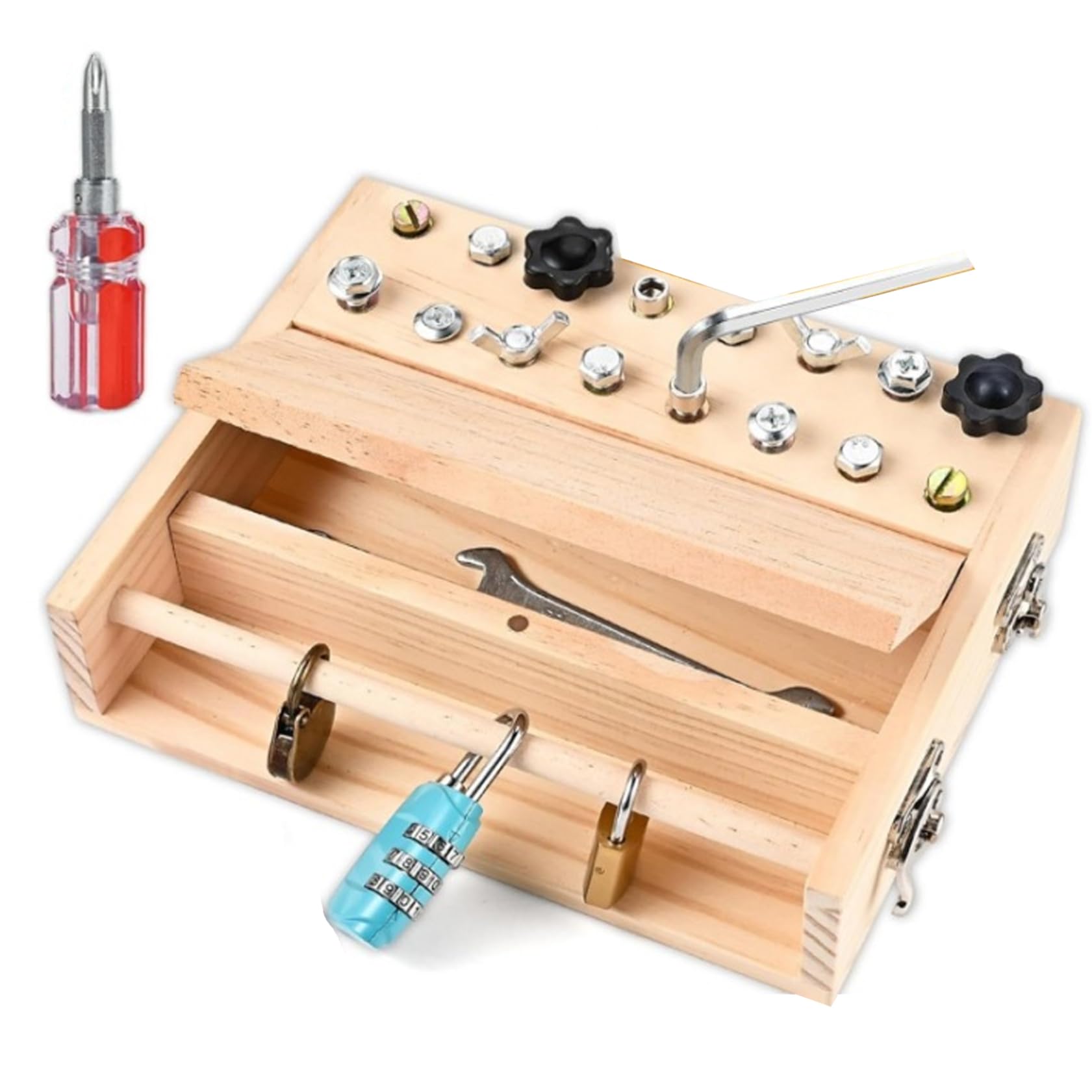 1 Tablero Ocupado, Destornillador de Madera, Juego de Tablero Ocupado Montessori con Cerradura y Llave, Juego de Herramientas para Preescolar Educativo para niños de 3 a 6 años