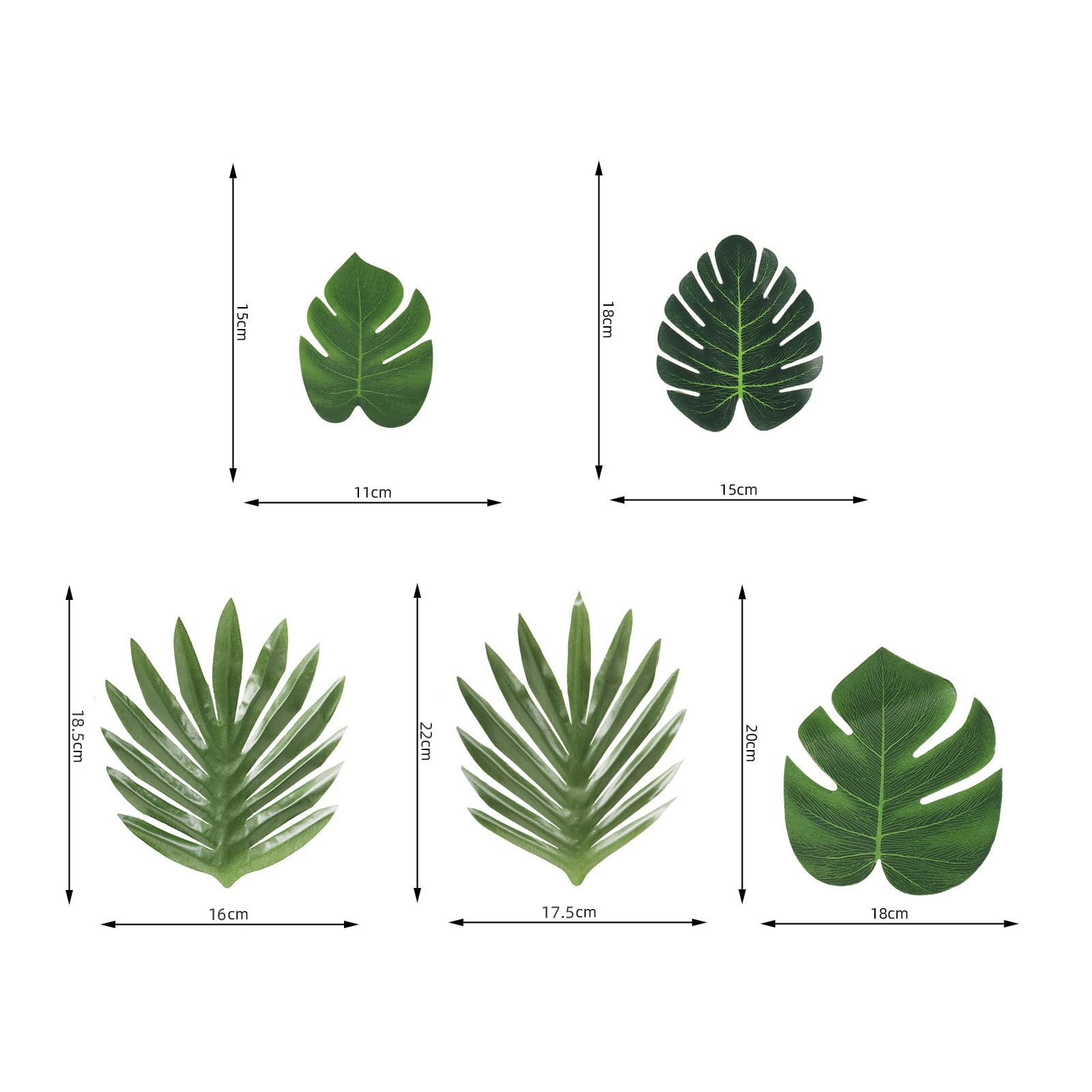 50 pezzi di foglie di palma artificiali, 5 dimensioni di foglie artificiali per decorazioni giungla, foglie artificiali per giungla, foglie di Monstera per piante artificiali a tema giungla
