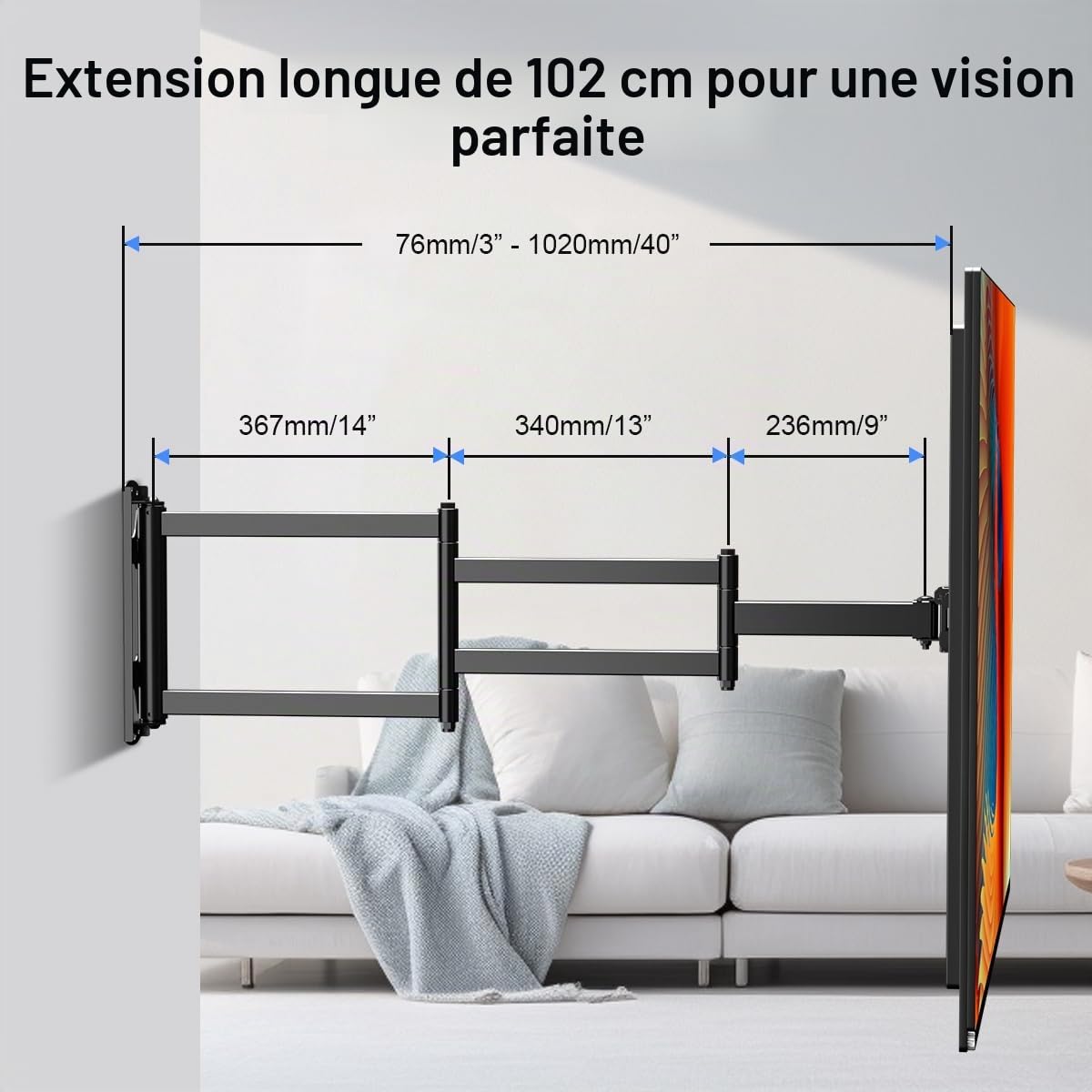 suptek Support Mural TV avec Bras d'extension de 1020 mm pour Téléviseurs 26-65 Pouces jusqu'à 40 kg, Support TV Mural d'angle, VESA Max 400x400 mm, Pivotant et Inclinable A1L